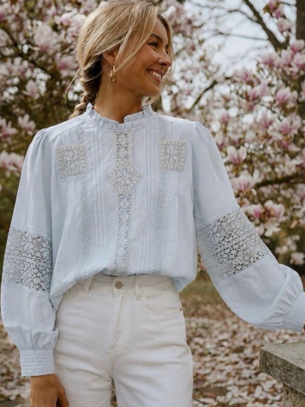 Evereve Victorian Pintuck
Crochet Lace Detail Pale Blue
Blouse Boho